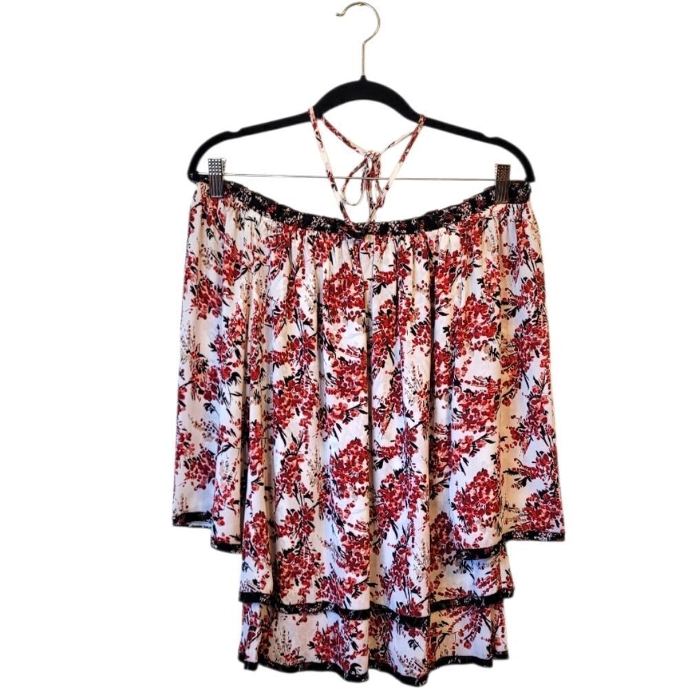 WHBM Women's Cream & Red Floral Off The Shoulder Blouse Size M